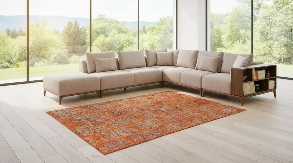 Amber Grid Patchwork Rug – Handmade Modern Red & Orange Carpet