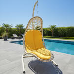 Outdoor Single Rattan Hanging Swing Chair with Beige Frame & Yellow Cushions