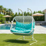 Outdoor Double Rattan Hanging Swing Chair with White Frame & Turquoise Cushions