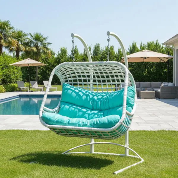 Outdoor Double Rattan Hanging Swing Chair with White Frame & Turquoise Cushions