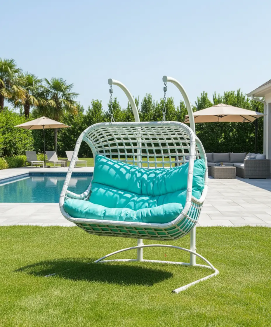Outdoor Double Rattan Hanging Swing Chair with White Frame & Turquoise Cushions