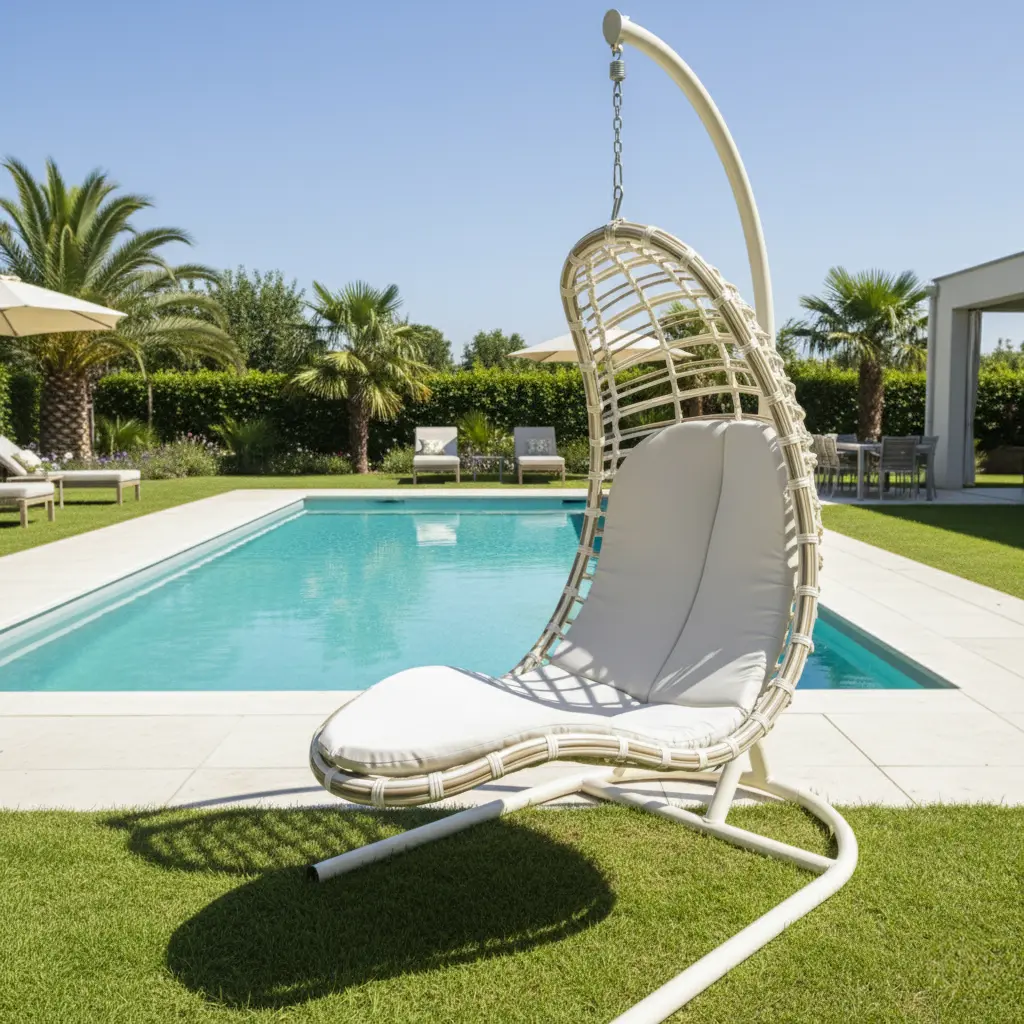 Outdoor Single Rattan Hanging Swing Chair with Stand – Cream Frame & White Cushions for Patio and Poolside