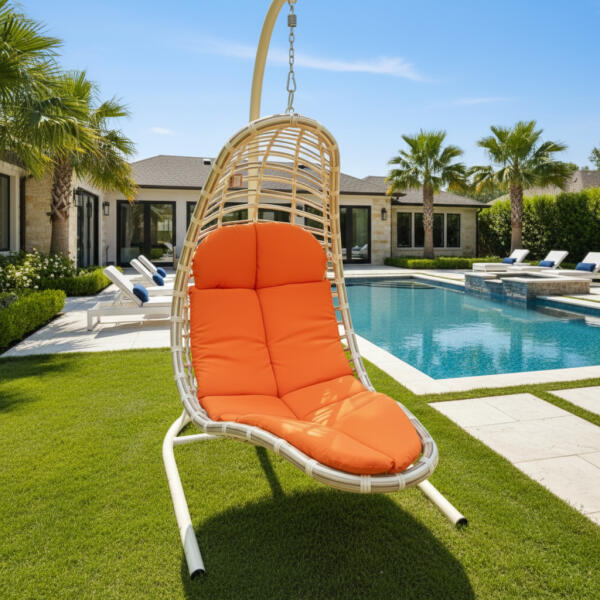 Outdoor Single Rattan Hanging Swing Chair with Stand – Cream Frame & Orange Cushions for Patio & Poolside