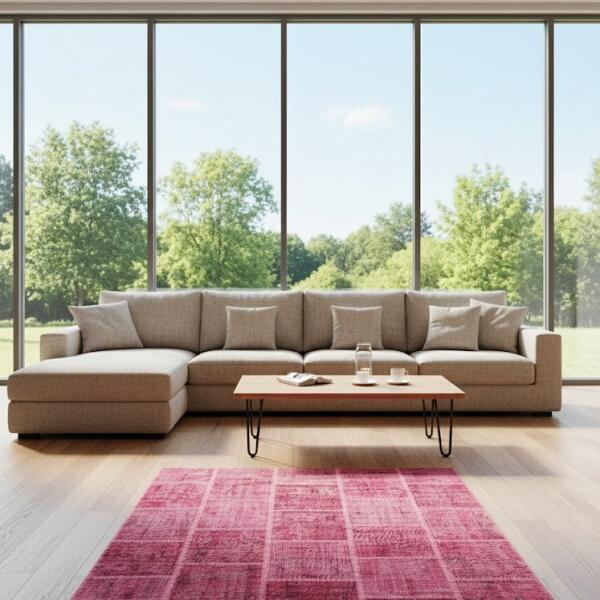 Crimson Bloom Patchwork Rug – Handmade Fuchsia Toned Carpet