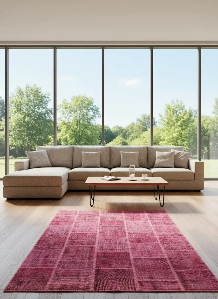 Crimson Bloom Patchwork Rug – Handmade Fuchsia Toned Carpet