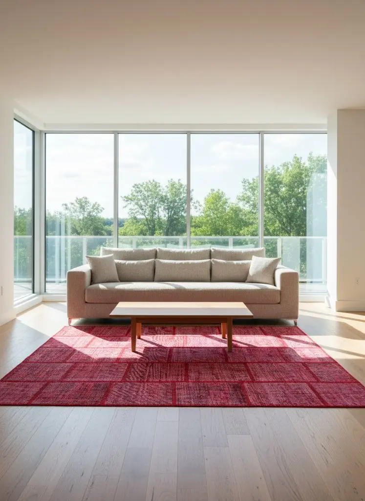 Crimson Grid – Modern Red Patchwork Rug