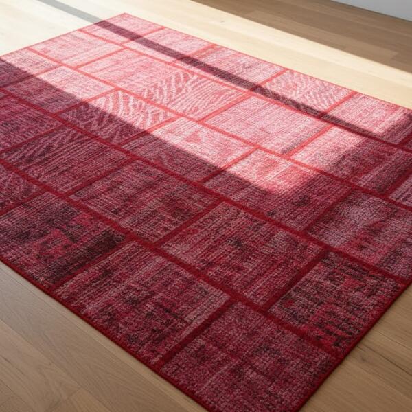 Crimson Grid – Modern Red Patchwork Rug
