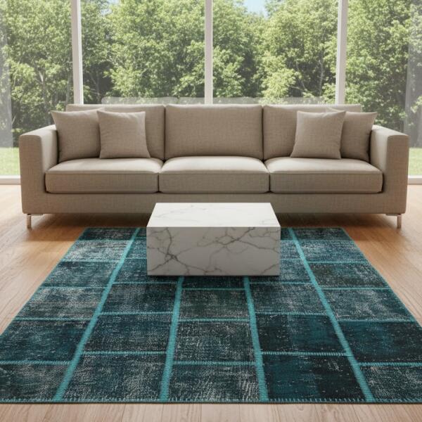 Deep Blue Patchwork Rug – Modern Teal Stitched Design