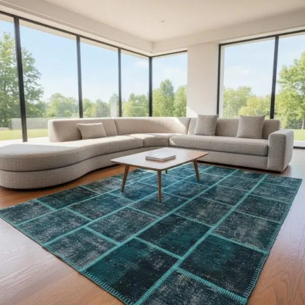 Deep Blue Patchwork Rug – Modern Teal Stitched Design