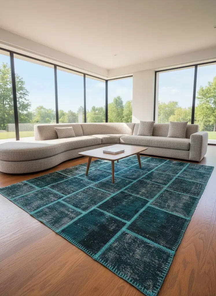 Deep Blue Patchwork Rug – Modern Teal Stitched Design