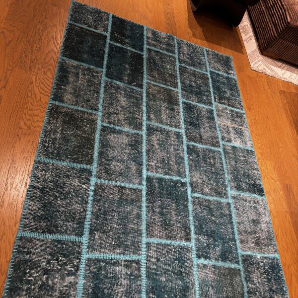 Deep Blue Patchwork Rug – Modern Teal Stitched Design
