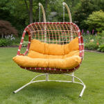 Outdoor Double Rattan Hanging Swing Chair with Stand – Red Frame & Yellow Cushions