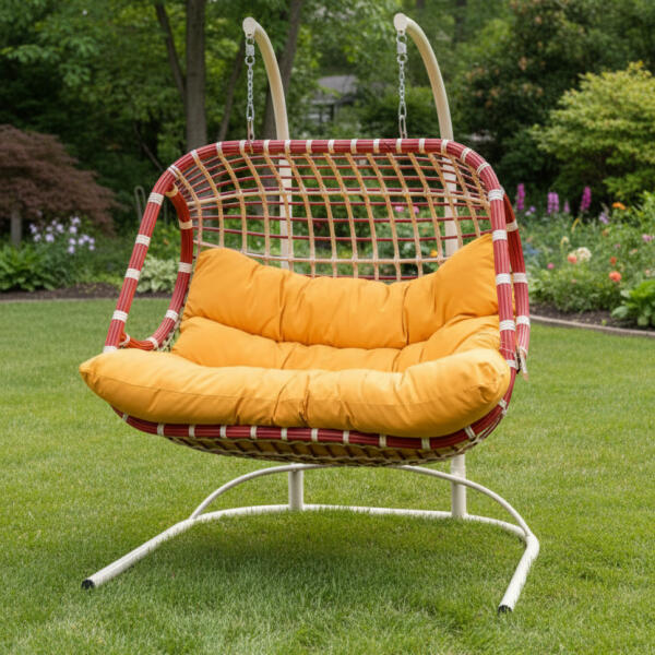Outdoor Double Rattan Hanging Swing Chair with Stand – Red Frame & Yellow Cushions