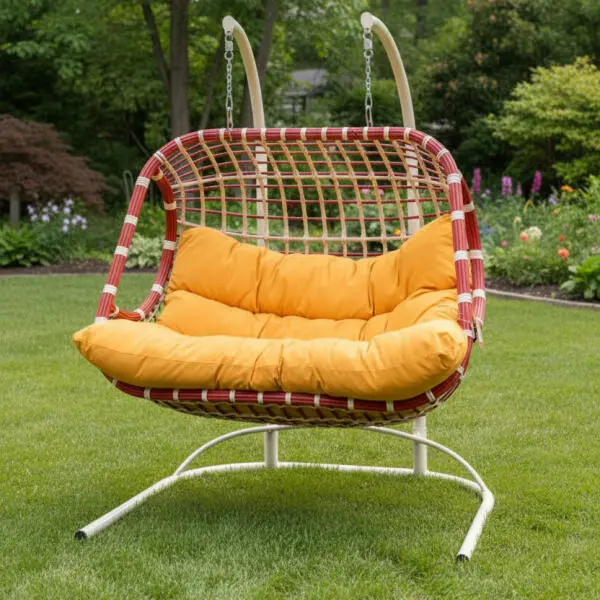 Outdoor Double Rattan Hanging Swing Chair with Stand – Red Frame & Yellow Cushions