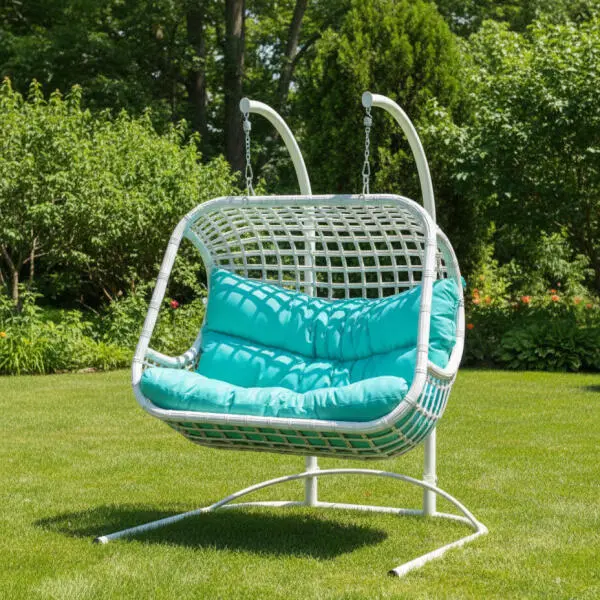 Outdoor Double Rattan Hanging Swing Chair with Stand – White Frame & Turquoise Cushions