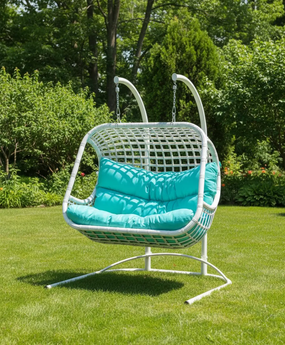 Outdoor Double Rattan Hanging Swing Chair with Stand – White Frame & Turquoise Cushions