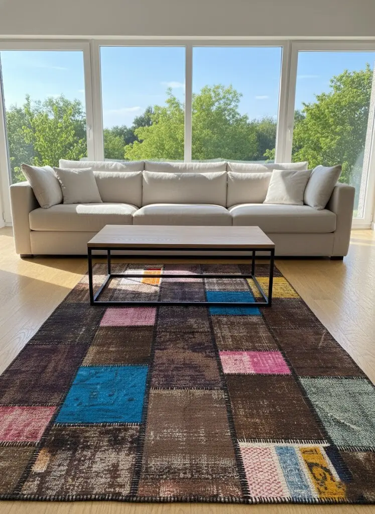 Earthline Patchwork Rug – Handmade Dark Brown with Color Highlights