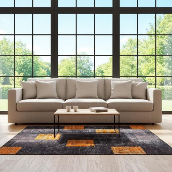 Ember Noir Rug – Handwoven Black & Orange Patchwork Vintage Carpet