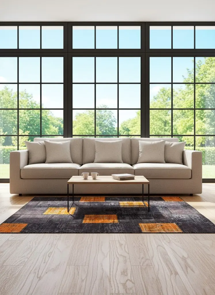 Ember Noir Rug – Handwoven Black & Orange Patchwork Vintage Carpet