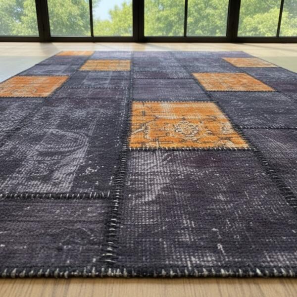 Ember Noir Rug – Handwoven Black & Orange Patchwork Vintage Carpet