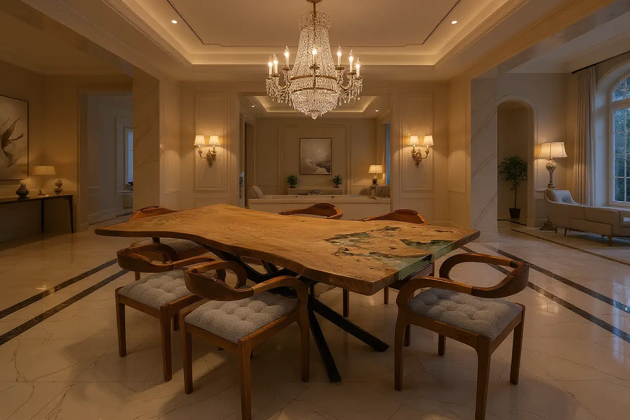 Ferozzi Handmade Epoxy Walnut Dining Table  Live Edge Solid Wood Table with Artistic Epoxy Detailing