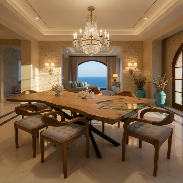 Ferozzi Handmade Epoxy Walnut Dining Table  Live Edge Solid Wood Table with Artistic Epoxy Detailing