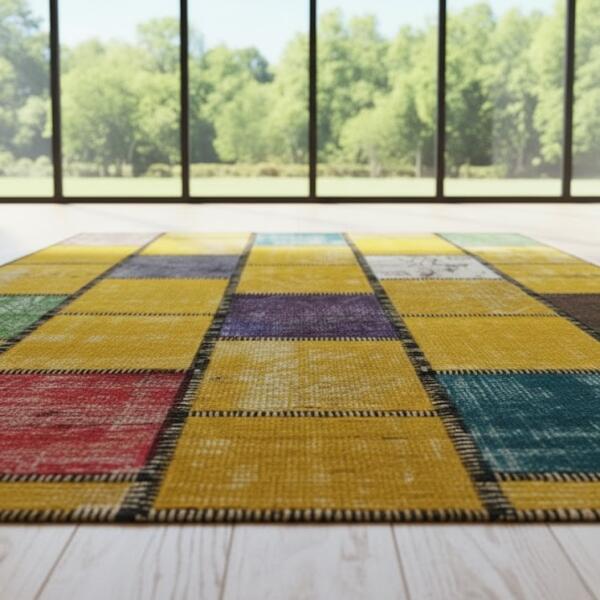 Golden Mosaic Rug – Yellow Patchwork Handmade Vintage Carpet