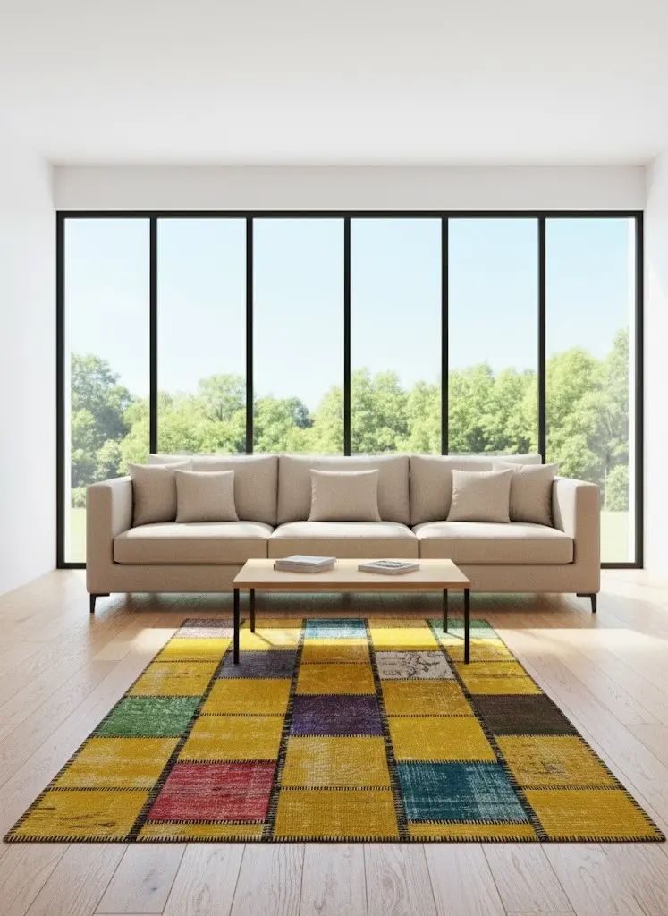 Golden Mosaic Rug – Yellow Patchwork Handmade Vintage Carpet