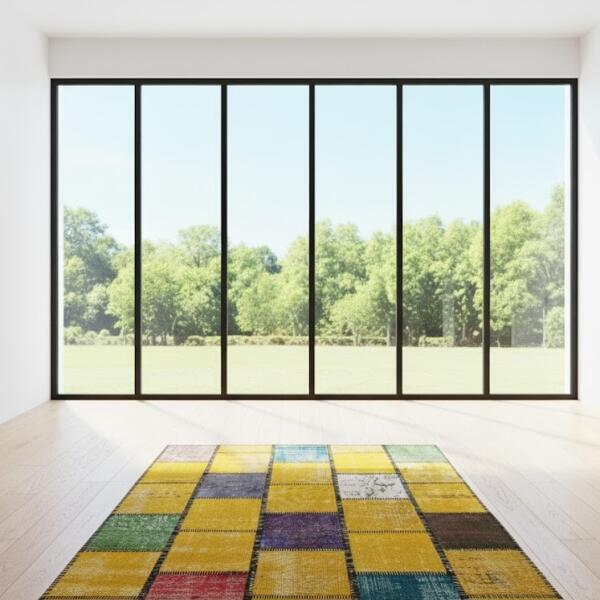 Golden Mosaic Rug – Yellow Patchwork Handmade Vintage Carpet