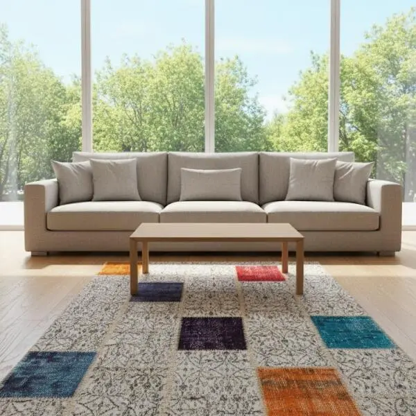 Ivory Canvas Patchwork Rug – Handmade Color Accents Carpet