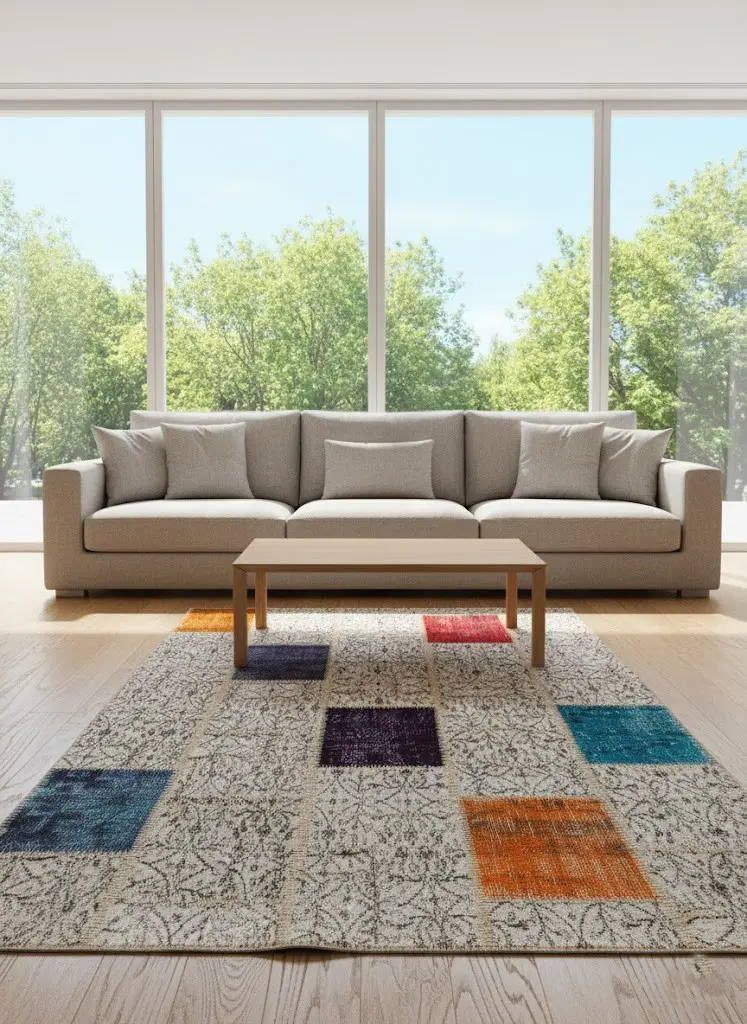 Ivory Canvas Patchwork Rug – Handmade Color Accents Carpet