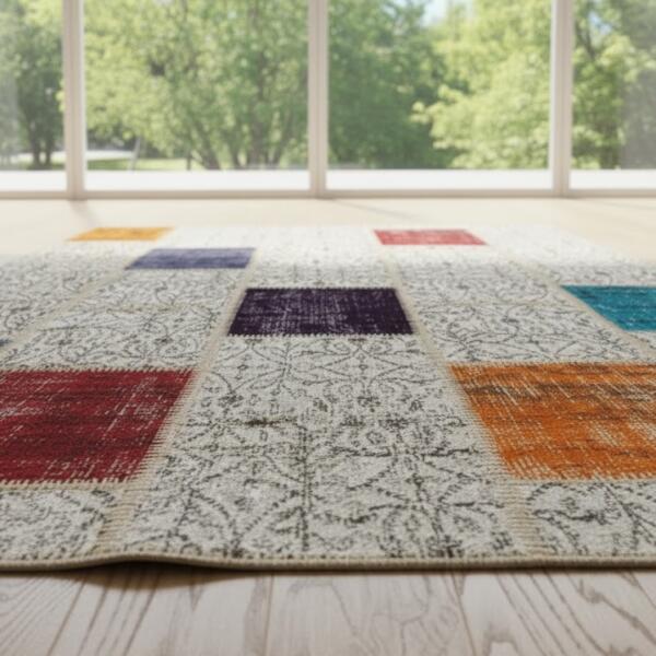 Ivory Canvas Patchwork Rug – Handmade Color Accents Carpet
