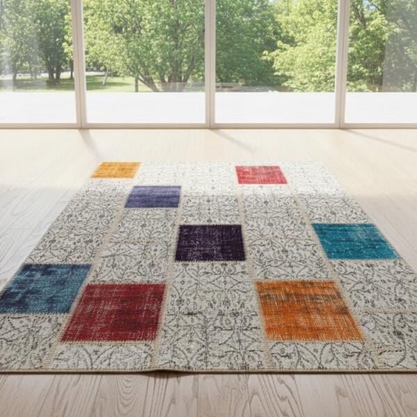 Ivory Canvas Patchwork Rug – Handmade Color Accents Carpet