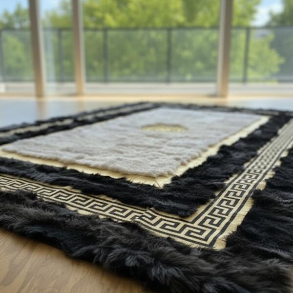 Luxury Black & Gold Greek Key Fur Area Rug