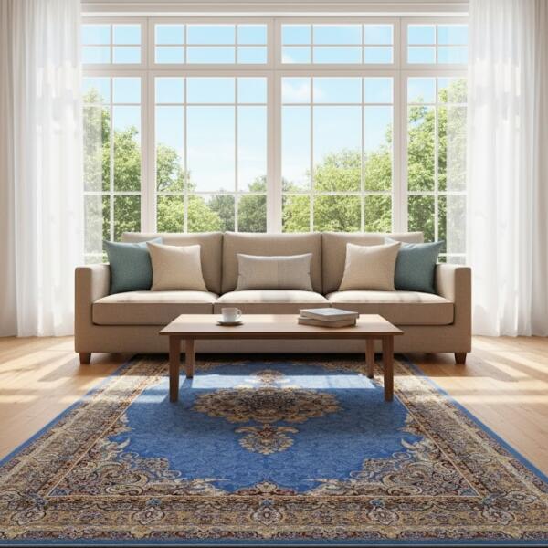 Luxury Blue Persian Style Area Rug – Traditional Medallion Design