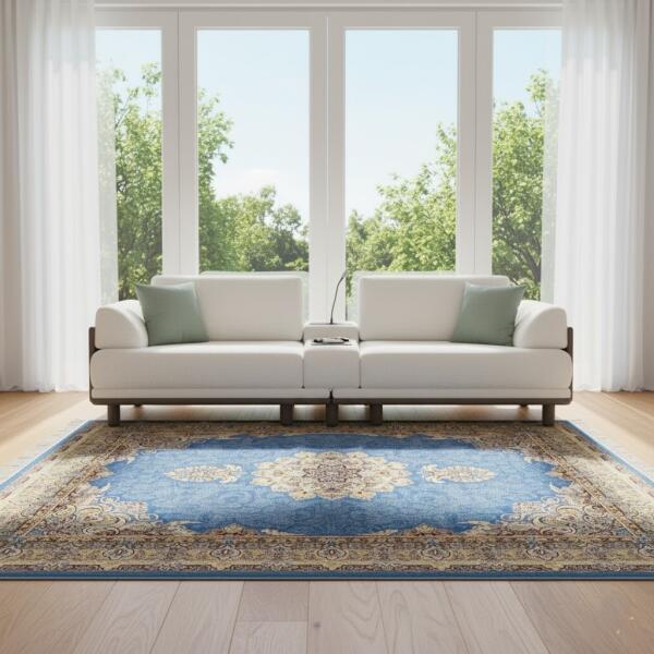 Luxury Blue Persian Style Area Rug – Traditional Medallion Design