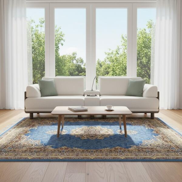 Luxury Blue Persian Style Area Rug – Traditional Medallion Design