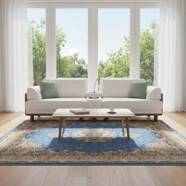 Luxury Blue Persian Style Area Rug – Traditional Medallion Design