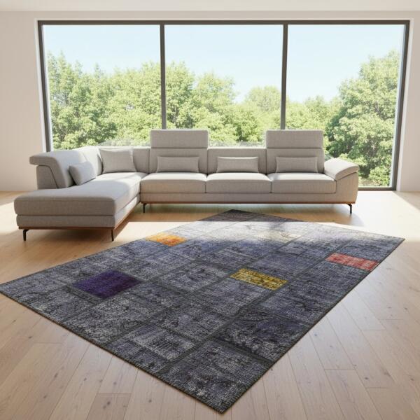 Midnight Mosaic Patchwork Rug – Handmade Blue Rug with Color Accents