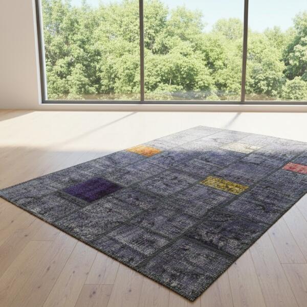 Midnight Mosaic Patchwork Rug – Handmade Blue Rug with Color Accents