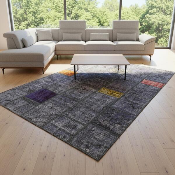 Midnight Mosaic Patchwork Rug – Handmade Blue Rug with Color Accents