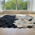 Modern Hexagon Patchwork Cowhide Rug – Black, Beige & Cream