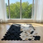 Modern Hexagon Patchwork Cowhide Rug – Black, Beige & Cream