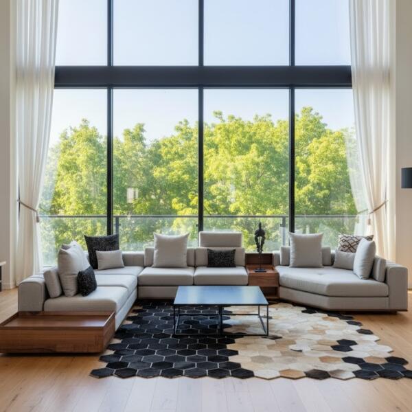 Modern Hexagon Patchwork Cowhide Rug – Black, Beige & Cream