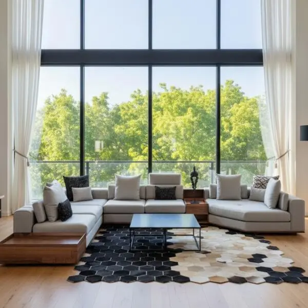 Modern Hexagon Patchwork Cowhide Rug – Black, Beige & Cream