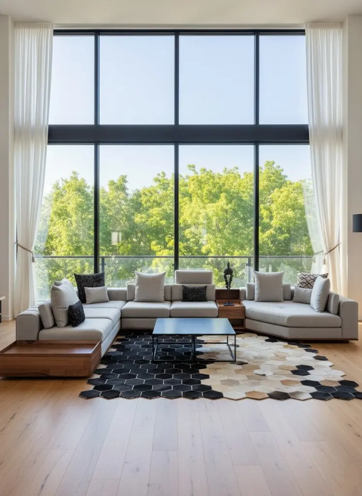 Modern Hexagon Patchwork Cowhide Rug – Black, Beige & Cream