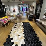 Modern Hexagon Patchwork Cowhide Rug – Black, Beige & Cream
