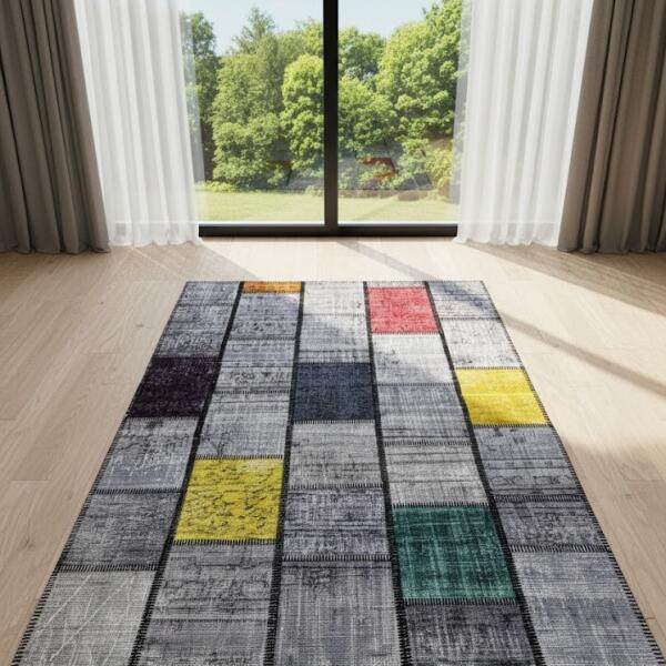 Modern Patchwork Area Rug – Gray Base with Multicolor Blocks