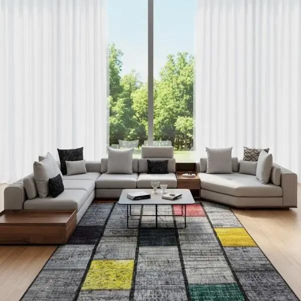 Modern Patchwork Area Rug – Gray Base with Multicolor Blocks