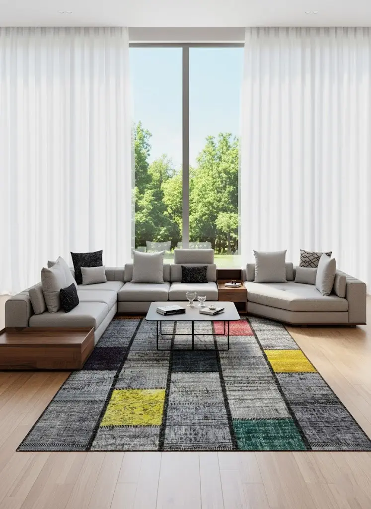 Modern Patchwork Area Rug – Gray Base with Multicolor Blocks